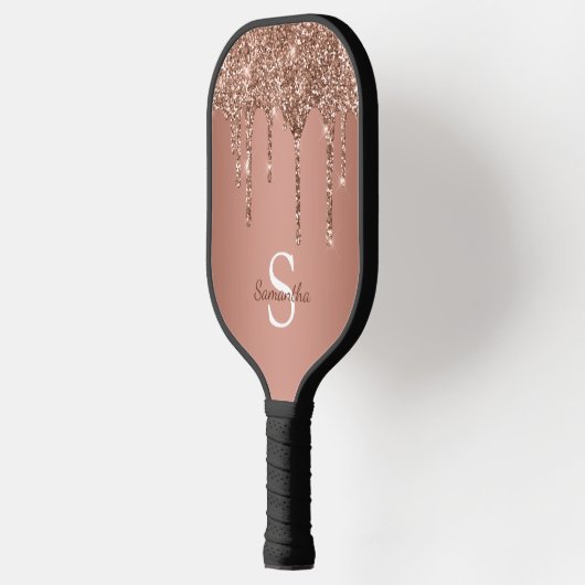 Rose Gold Glitzer Sparkle Tropfen Monogramm Name Pickleball Schläger (Links)