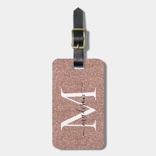 Rose Gold Glitzer Sparkskriptname Monogramm Gepäckanhänger (Vorderseite vertikal)