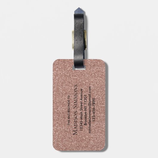 Rose Gold Glitzer Sparkskriptname Monogramm Gepäckanhänger (Rückseite vertikal)