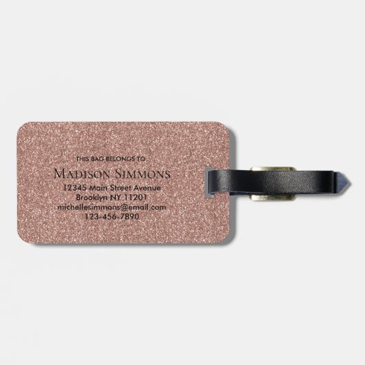 Rose Gold Glitzer Sparkskriptname Monogramm Gepäckanhänger (Rückseite horizontal)