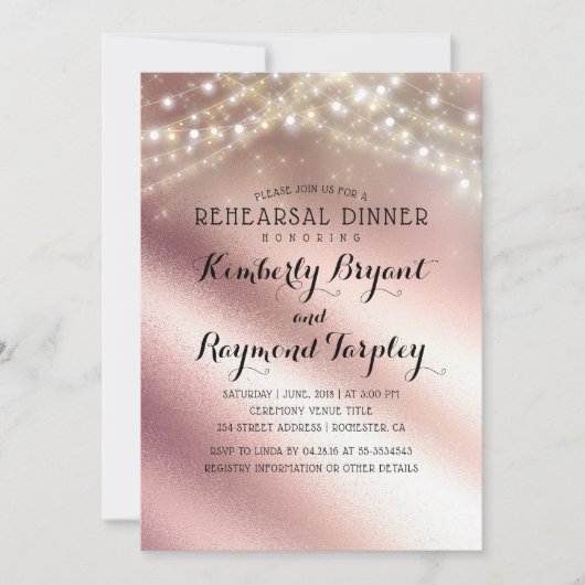 Rose Gold Glitzer & Sring Lights Probe Abendessen Einladung (Vorderseite)