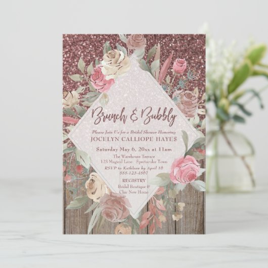 Rose Gold Glitzer Stall Holz Blumenbrunch & Bubbly Einladung (Stehend Vorderseite)
