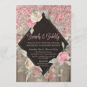 Rose Gold Glitzer Stall Holz Blumenbrunch & Bubbly Einladung