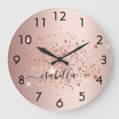 Rose Gold Glitzer Staubname Skript Große Wanduhr (Vorderseite)