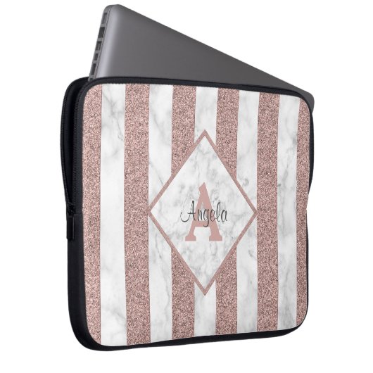 Rose Gold Glitzer Streifen Marble Monogramm-Skript Laptopschutzhülle (Vorne Rechts)