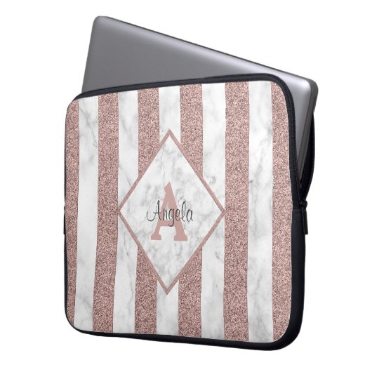 Rose Gold Glitzer Streifen Marble Monogramm-Skript Laptopschutzhülle (Vorderseite Links)