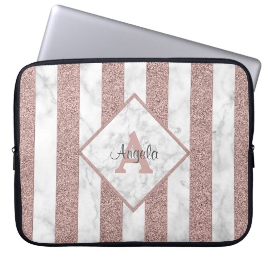 Rose Gold Glitzer Streifen Marble Monogramm-Skript Laptopschutzhülle (Vorderseite)