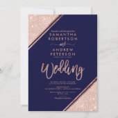 Rose Gold Glitzer Streifen Skript navy Blue Hochze Einladung (Vorderseite)