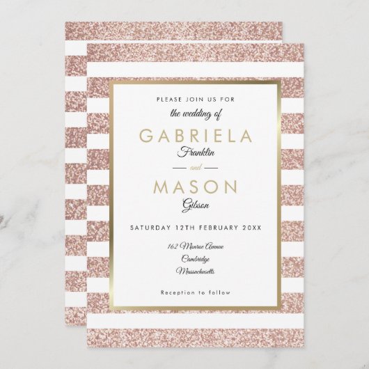 Rose Gold Glitzer Stripe Wedding Einladung (Vorne/Hinten)