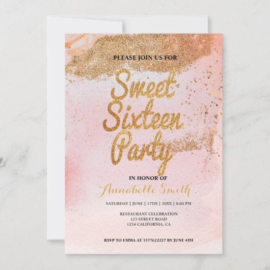 Rose Gold Glitzer süß 16 Einladung (Vorderseite)
