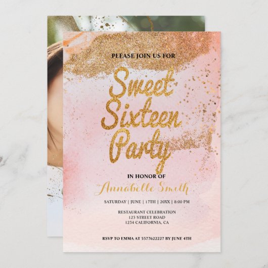 Rose Gold Glitzer süß 16 Einladung (Vorne/Hinten)