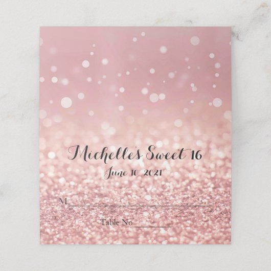 Rose Gold Glitzer Sweet 16 Personalisierte Platzka Platzkarte (Außenseite Aufgefaltet)
