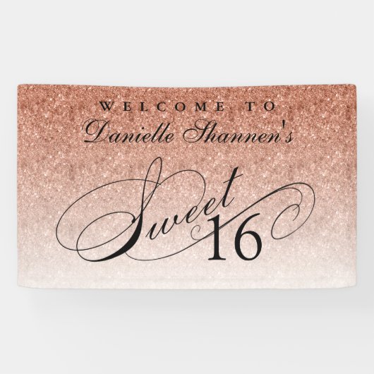 Rose Gold Glitzer Sweet 16 Personalisierter Empfan Banner (Horizontal)