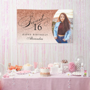 Rose Gold Glitzer Sweet 16 Personalisiertes Foto Banner