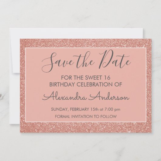 Rose Gold Glitzer Sweet 16 Save the Date Einladung (Rückseite)