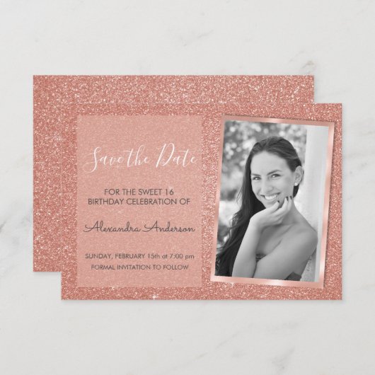 Rose Gold Glitzer Sweet 16 Save the Date Einladung (Vorne/Hinten)