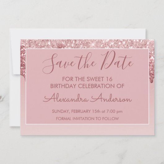 Rose Gold Glitzer Sweet 16 Save the Date Einladung (Rückseite)