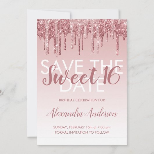 Rose Gold Glitzer Sweet 16 Save the Date Einladung (Vorderseite)