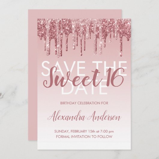 Rose Gold Glitzer Sweet 16 Save the Date Einladung (Vorne/Hinten)