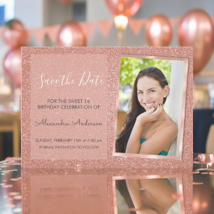 Rose Gold Glitzer Sweet 16 Save the Date Einladung