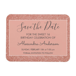 Rose Gold Glitzer Sweet 16 Save the Date Magnet
