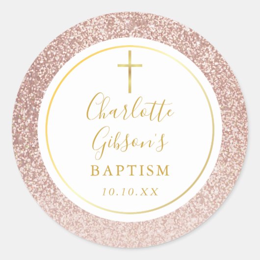 Rose Gold Glitzer Taufe Christening Runder Aufkleber (Vorderseite)