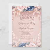 Rose Gold Glitzer Tiara Blue Blumen Rente Einladung (Vorderseite)