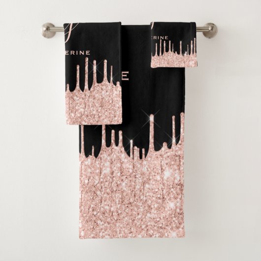 Rose Gold Glitzer Tropfen 2 Monogramm Badhandtuch Set (Insitu)