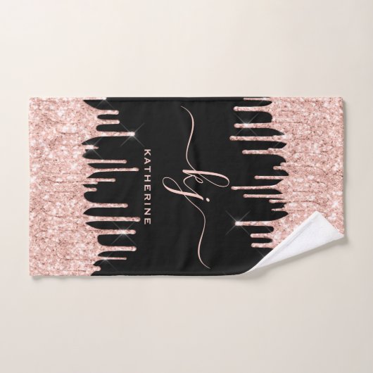 Rose Gold Glitzer Tropfen 2 Monogramm Badhandtuch Set (Handtuch)