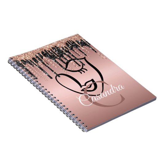 Rose Gold Glitzer Tropfen Abstrakt Lashes Monogram Notizblock (Rechte Seite)