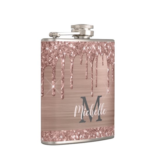 Rose Gold Glitzer Tropfen auf Rosa Metall Mit Mono Flachmann (Rechts)