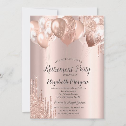 Rose Gold Glitzer Tropfen Balloons Rente Einladung (Vorderseite)