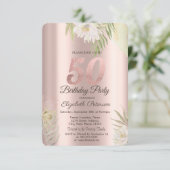 Rose Gold Glitzer Tropfen Boho Blume 50. Geburtsta Einladung (Stehend Vorderseite)