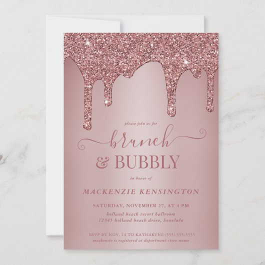 Rose Gold Glitzer Tropfen Brunch Bubbly Showdusche Einladung (Vorderseite)