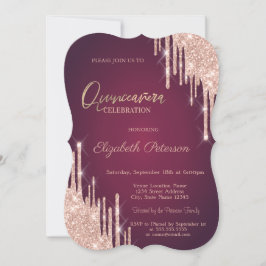 Rose Gold Glitzer Tropfen Burgundy Quinceanera Einladung