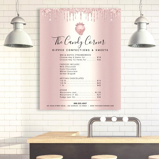 Rose Gold Glitzer Tropfen Dessert Menü Preisliste Poster