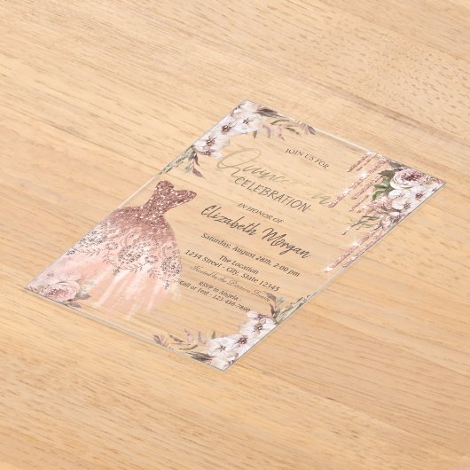Rose Gold Glitzer Tropfen Dress Blume Quinceañera Acryleinladungen (Ablage )