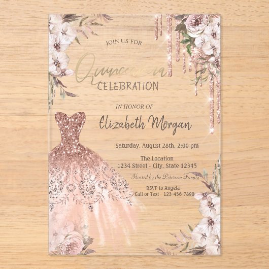 Rose Gold Glitzer Tropfen Dress Blume Quinceañera Acryleinladungen (Vorderseite)