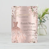 Rose Gold Glitzer Tropfen Dress Blume Quinceañera Einladung (Stehend Vorderseite)