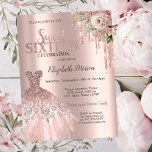 Rose Gold Glitzer Tropfen, Dress Blume Sweet 16 Einladung<br><div class="desc">Elegante Rose Gold Kleid,  Blume und Rose Gold Glitzer Tropfen auf einer Rose Gold Hintergrund.</div>