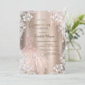 Rose Gold Glitzer Tropfen Dress Lace Quinceañera Einladung (Stehend Vorderseite)