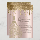 Rose Gold Glitzer Tropfen Dress Quinceanera Einladung (Vorne/Hinten)