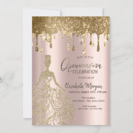 Rose Gold Glitzer Tropfen Dress Quinceanera Einladung