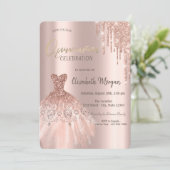 Rose Gold Glitzer Tropfen Dress Quinceañera Einladung (Stehend Vorderseite)