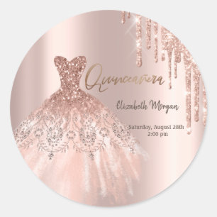 Rose Gold Glitzer Tropfen Dress Quinceañera Runder Aufkleber