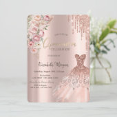 Rose Gold Glitzer Tropfen Dress Rose Quinceañera Einladung (Stehend Vorderseite)