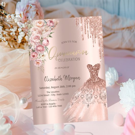 Rose Gold Glitzer Tropfen Dress Rose Quinceañera Einladung