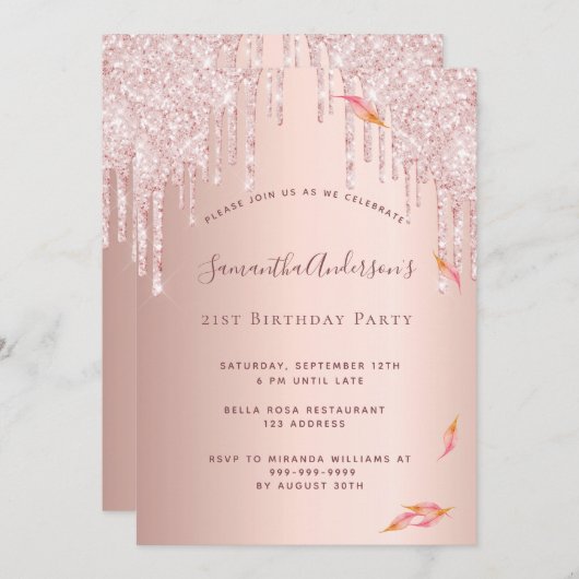 Rose Gold Glitzer Tropfen Einladung (Vorne/Hinten)