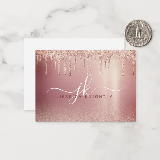 Rose Gold Glitzer Tropfen Elegante Monogram-Initia Mitteilungskarte (Vorderseite/Rückseite Beispiel)