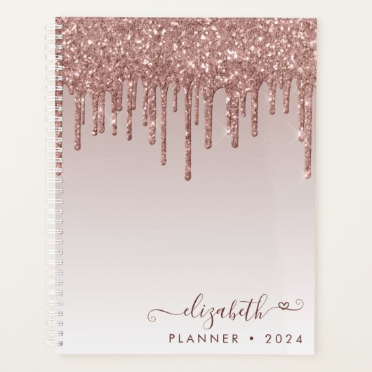 Rose Gold Glitzer Tropfen Elegantes Herzbuch 2021 Planer (Vorderseite)